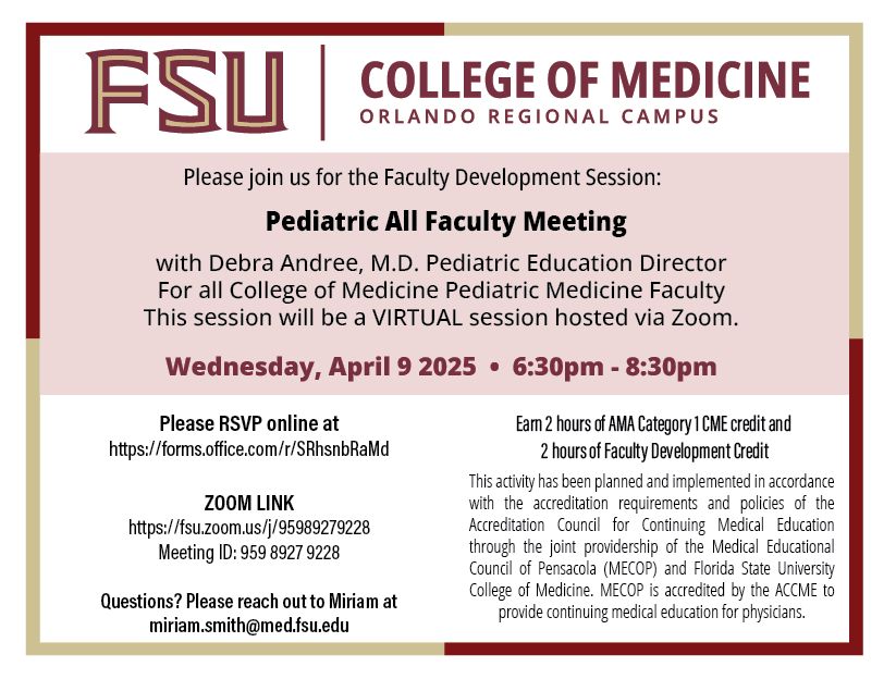A postcard displaying the event information for the pediatric all faculty meeting.