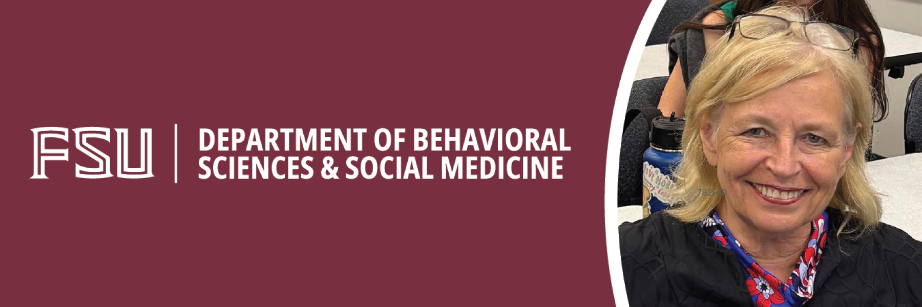 Head shot of Professor Bonnie Spring at right; at left is logo for the College of Medicine's Department of Behavioral Sciences and Social Medicine