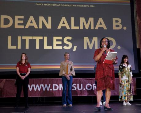 Interim Dean Alma Littles, M.D., thanks participants at Dance Marathon at FSU.