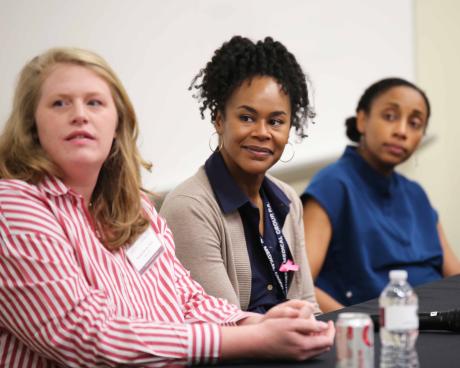 From left, Dr. Sarah Bouck, Dr. Marlisha Edwards and Dr. Zita Magloire listen as Dr. Alma Littles, interim dean of the FSU College of Medicine, asks the panel a question.