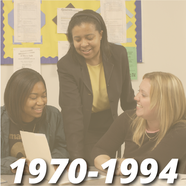 Timeline from 1970-1994, image shows a female teacher standing over two female high school students sitting in desks guiding them in a workshop in class, the students and the teacher are smiling.