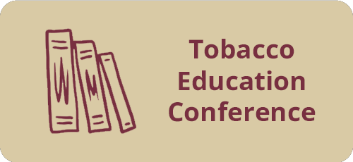 The Tobacco Education Conference logo features a maroon illustration of three books next to the event name on a tan background.