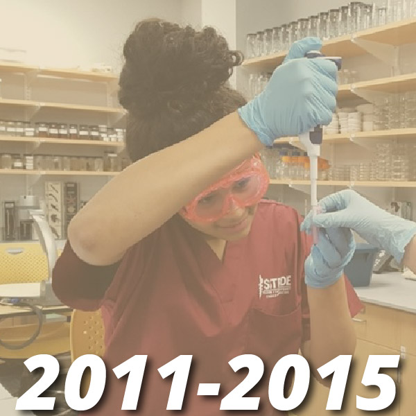 Timeline from 20011-2015, image shows a high school student in garnet colored medical scrubs with medical rubber gloves on and safety goggles using a pippet in the lab.