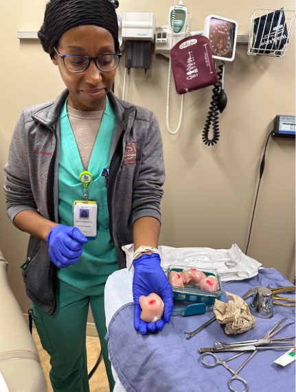 A resident works with training materials